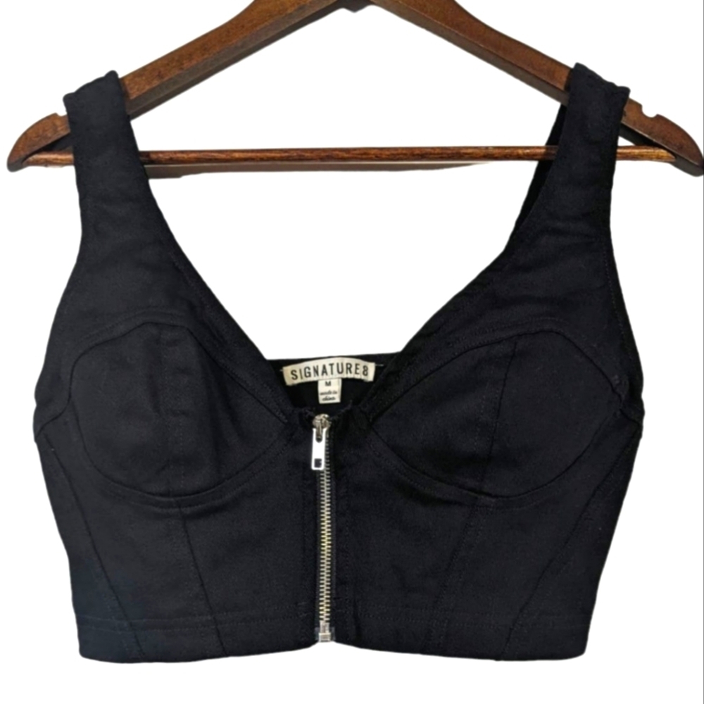 Signature8 Black Denim Corset Crop Top Zipper Front Country Concert Medium